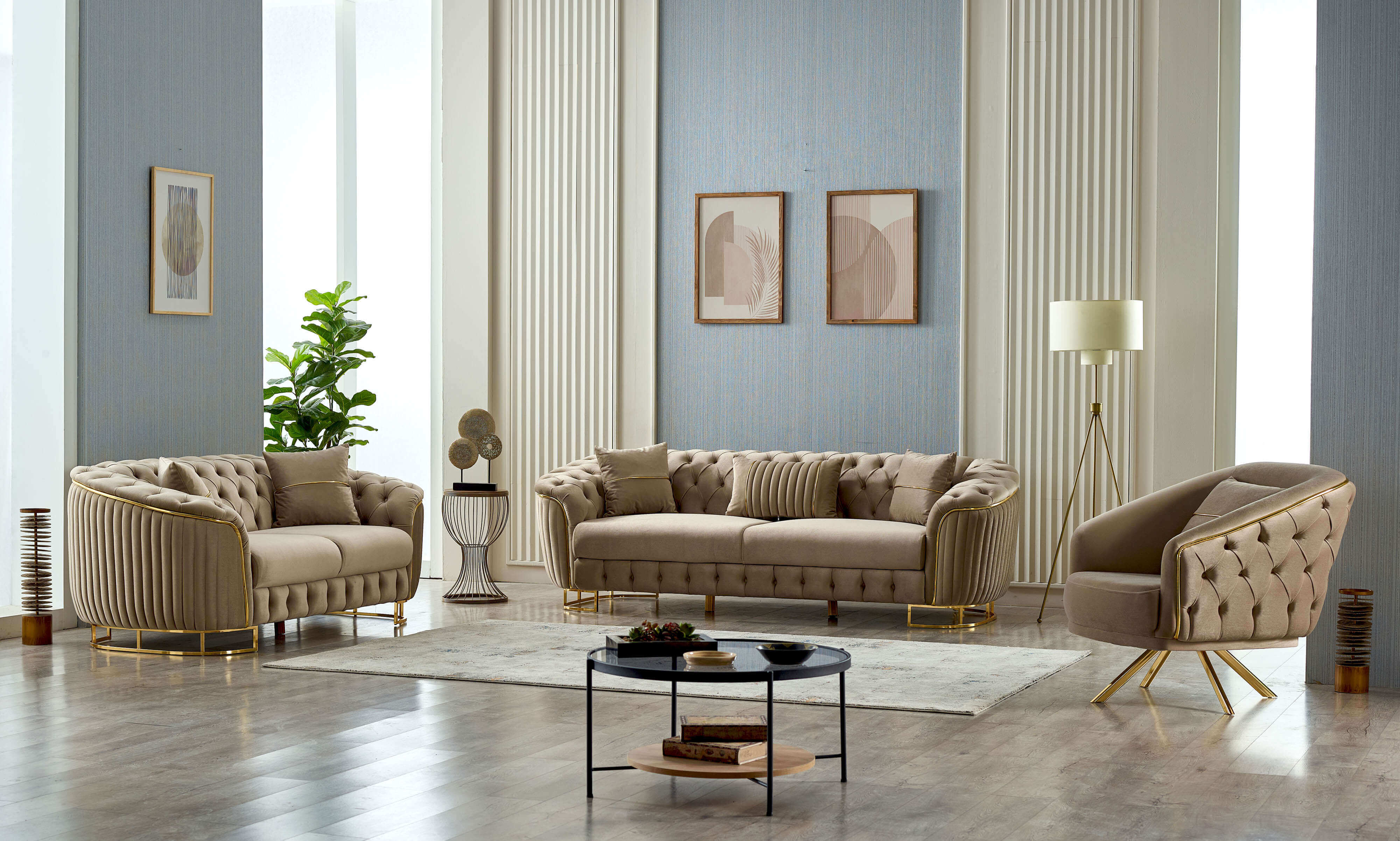 Couchgarnitur, Cream, Gold, 3+2+1