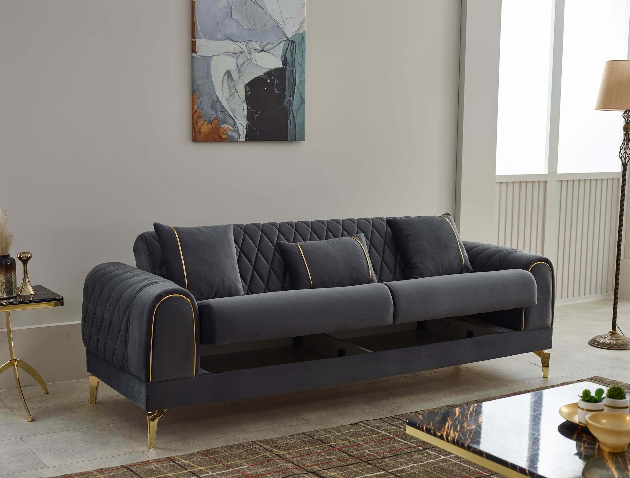 Couchgarnitur, Anthrazit, Schlaffunktion, 3er